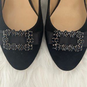 Talbots Isadora Jewel Bow Black Suede Pump with Square Jeweled Buckle Size 9.5.
